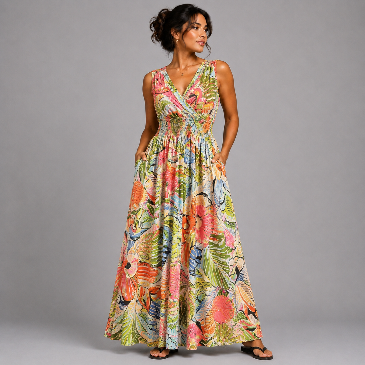 Tropical Floral Sleeveless V Neck maxi Dress with side Pockets