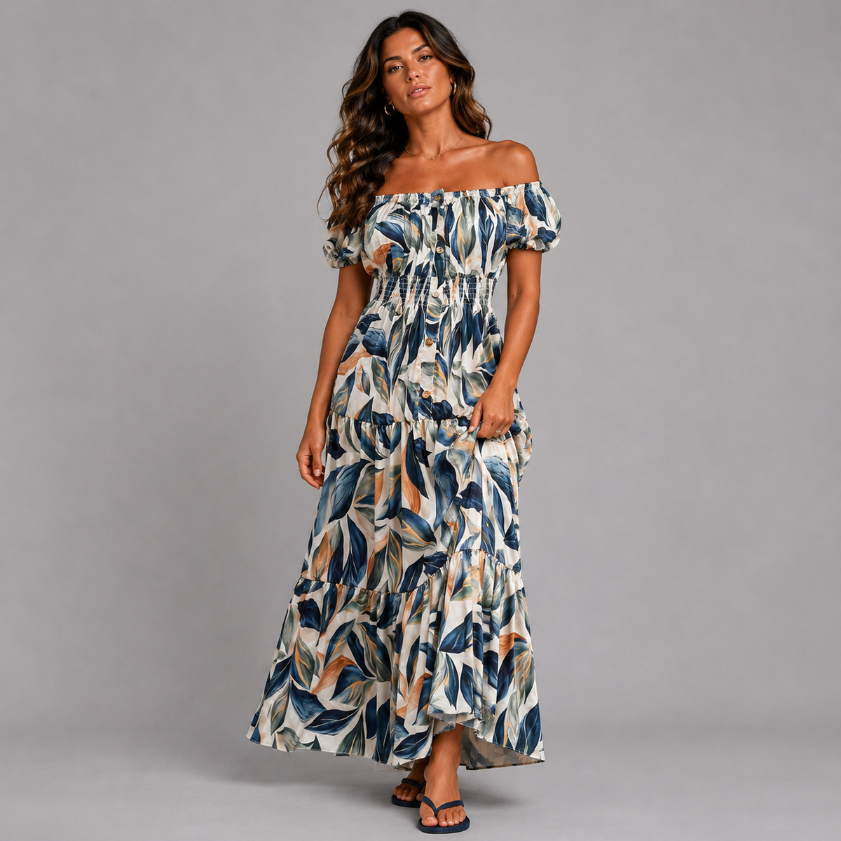 Leaf Print Bardot Gypsy Maxi Dress