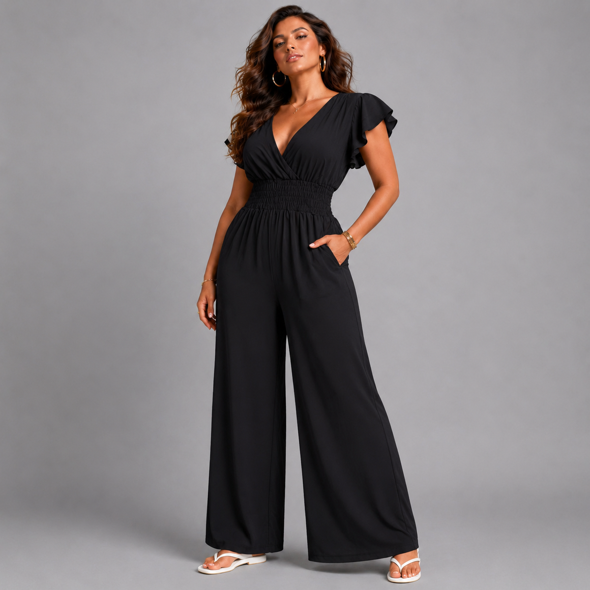 Plain V-Neck elastic waist Jumpsuit with Pockets