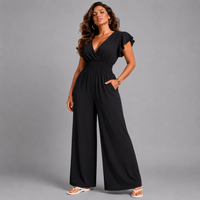 Plain V-Neck elastic waist Jumpsuit with Pockets