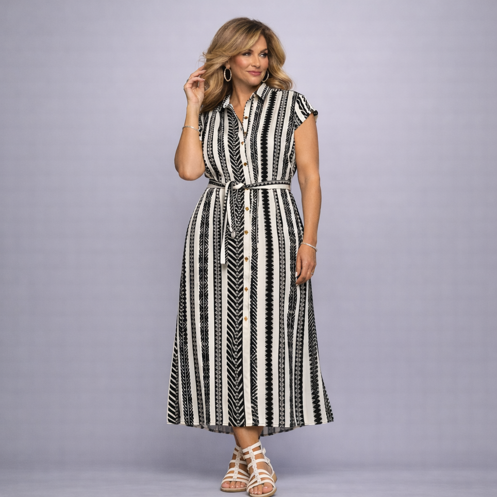 Black White Striped Shirt Dress with Cap Sleeves