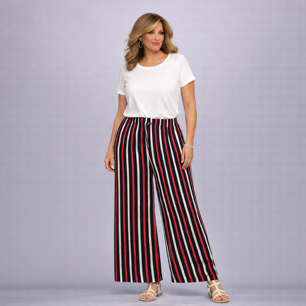 Crinkle WIde Leg Elastic Waist Striped Palazzo