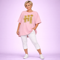 Oversized Dipped Hem Beaded Hi Short Sleeve Sweatshirt