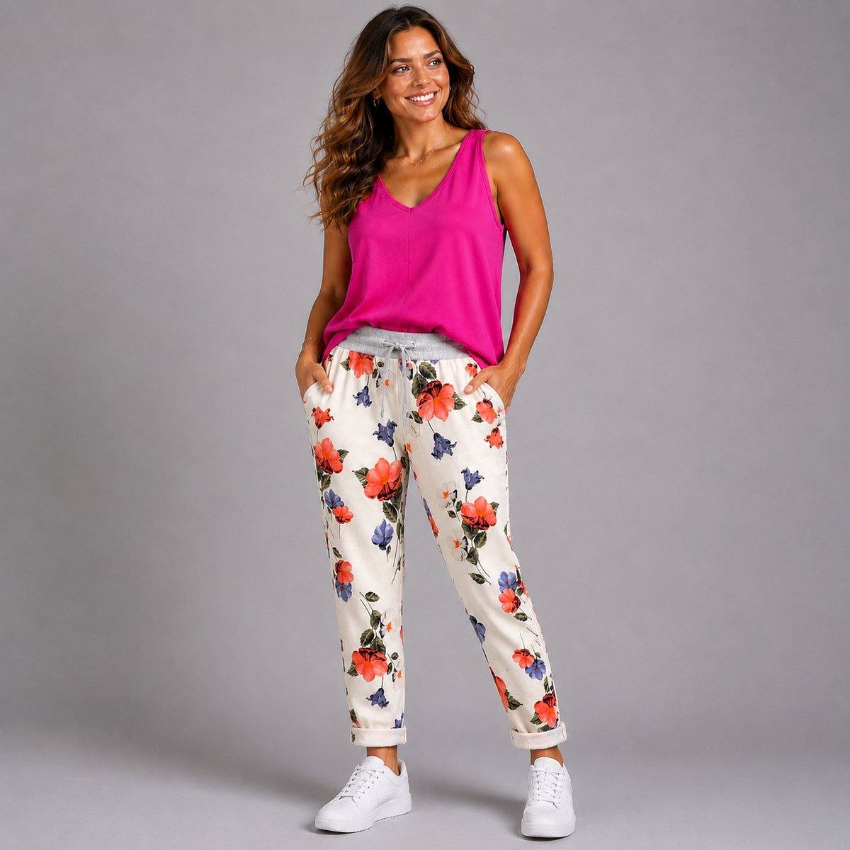 White Red Floral Joggers with Pockets