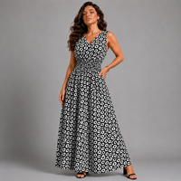 Black White Sleeveless V Neck maxi Dress with side Pockets