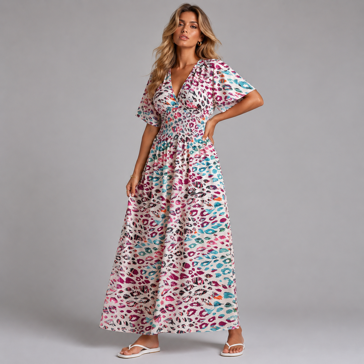 Cream Multi V-Neck Smocked Elastic Waist Maxi Dress