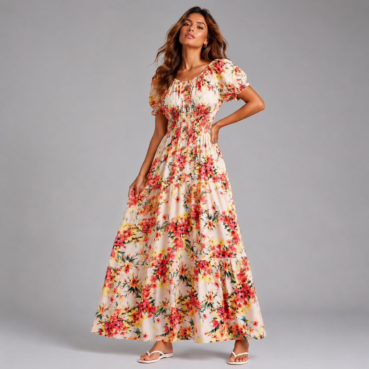 Cream Floral Bardot Gypsy Maxi Dress
