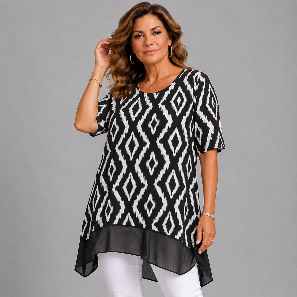 Black & White Diamond Print Blouse with Chiffon Hem