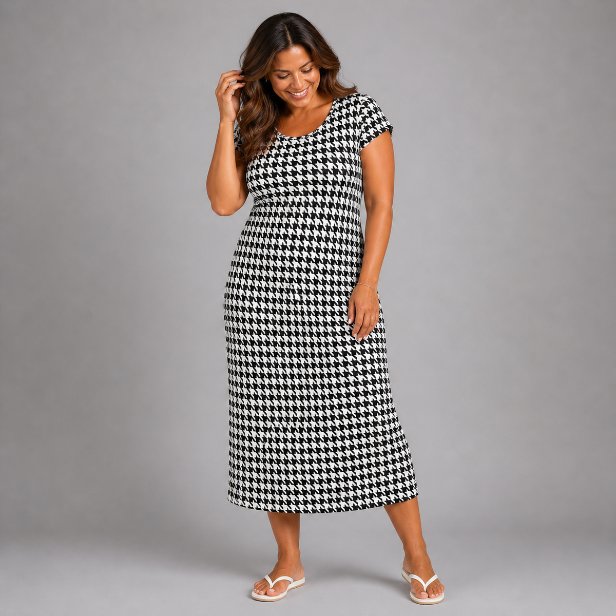 Dogtooth Short Sleeve Stretchy T-Shirt Midi Dress