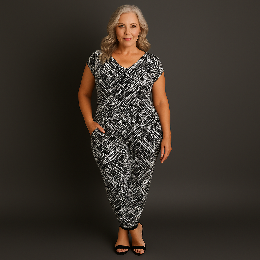 Black White Abstract Cowl Neck Jumpsuit