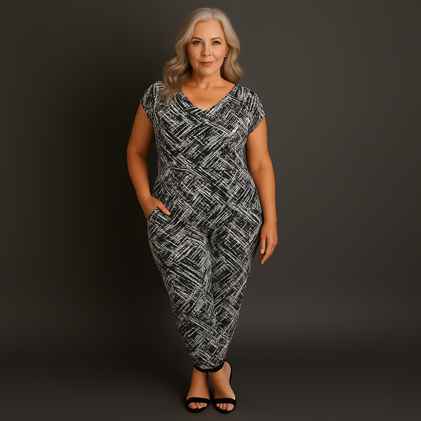 Black White Abstract Cowl Neck Jumpsuit