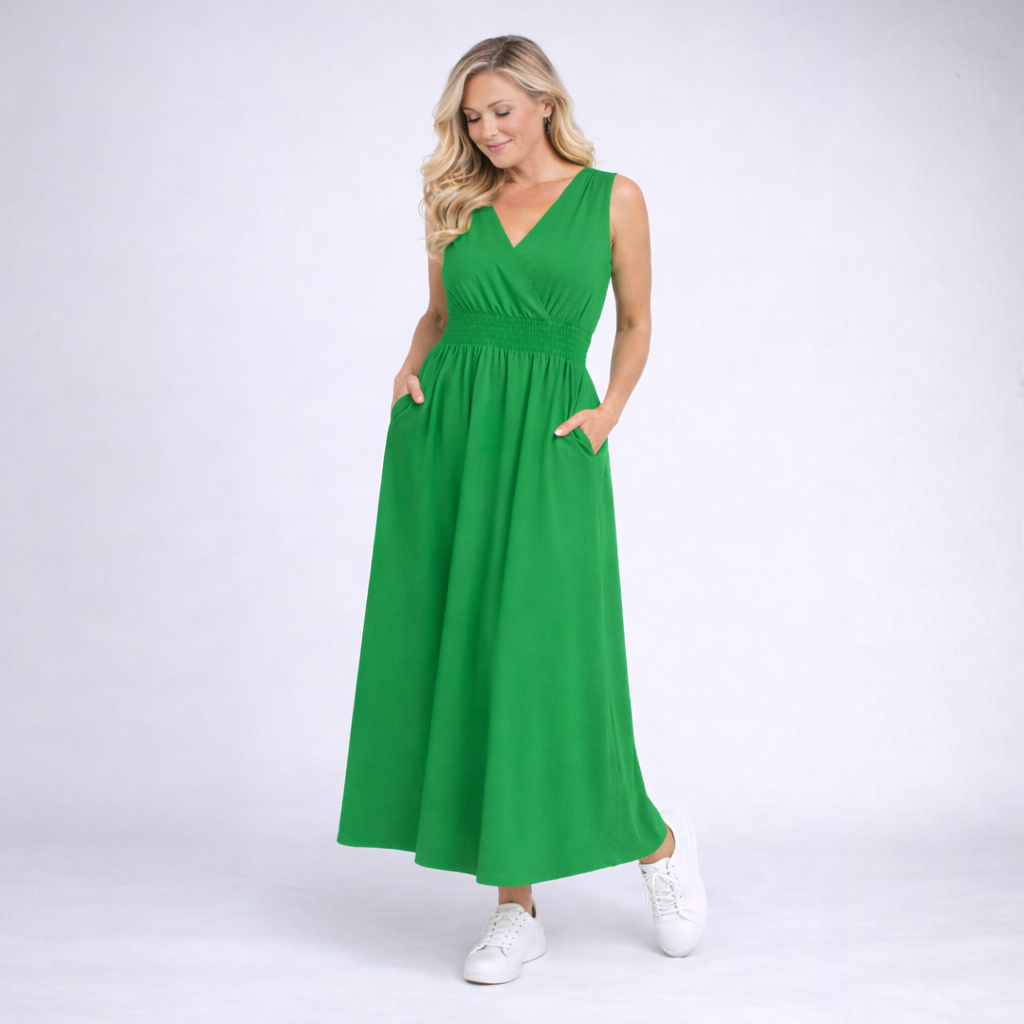 Sleeveless V Neck maxi Dress with side Pockets