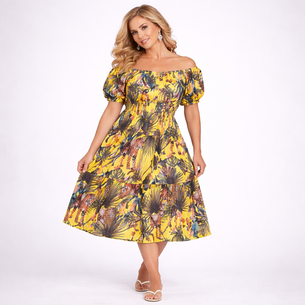 Jungle Print Elastic Waist Gypsy Style Midi Dress