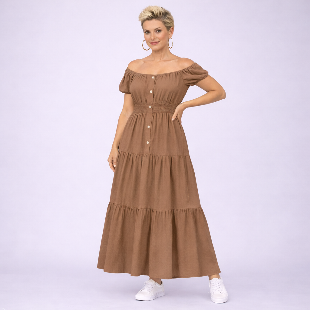 Off Shoulder Elastic Waist Gypsy Style Maxi Dress