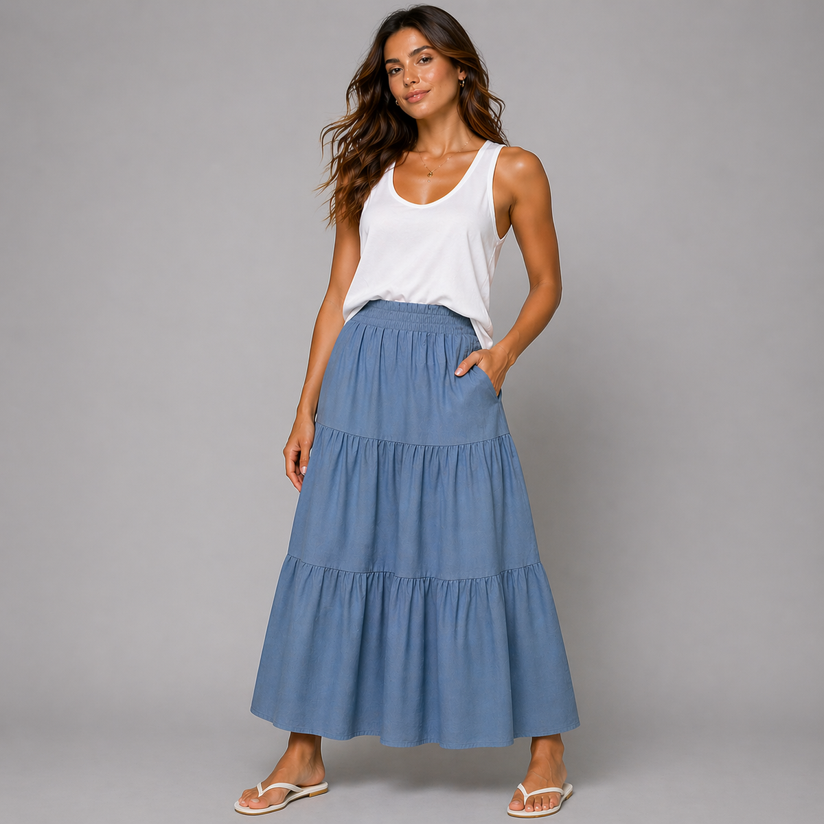 Smocked Elastic Waist layered Maxi Skirt