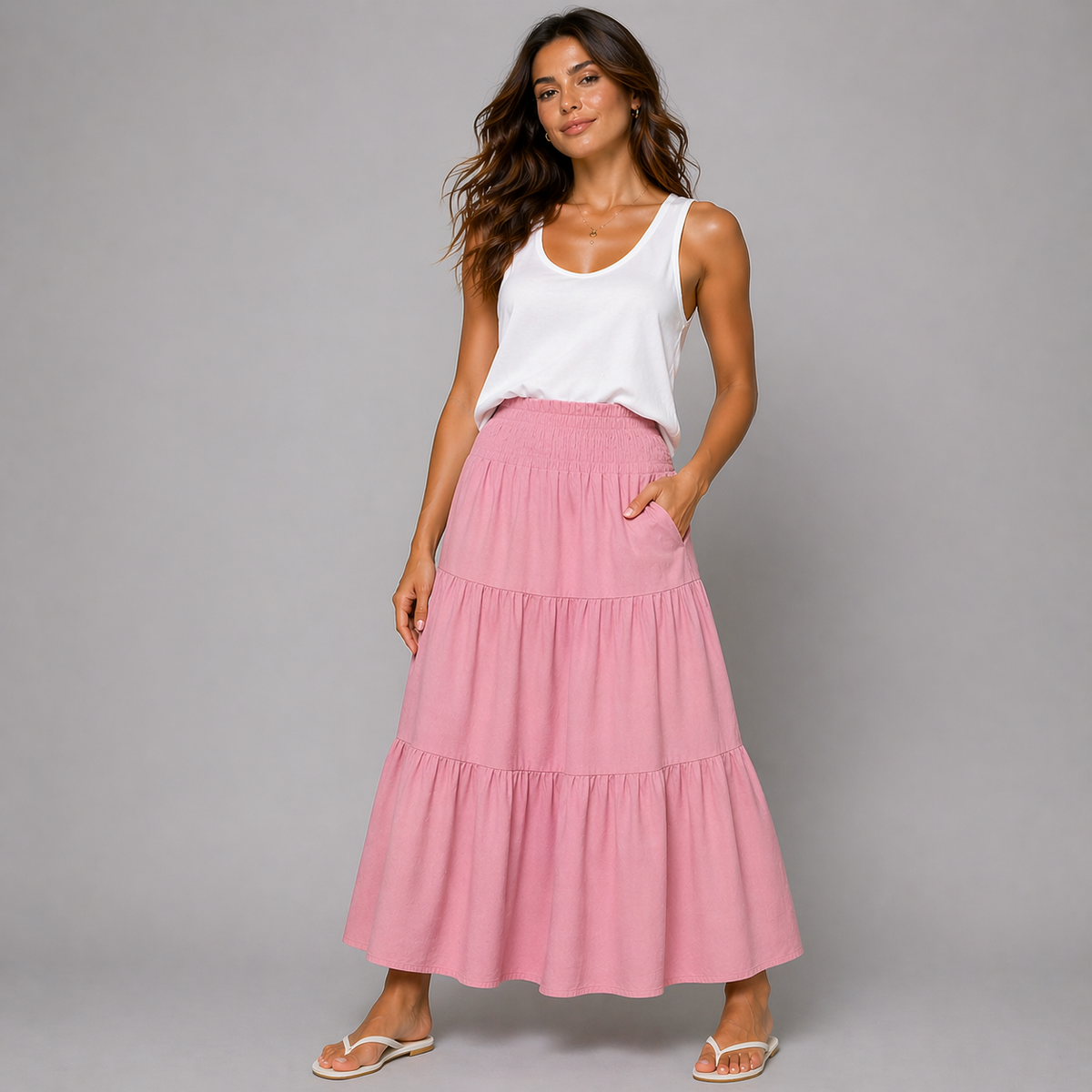 Smocked Elastic Waist layered Maxi Skirt