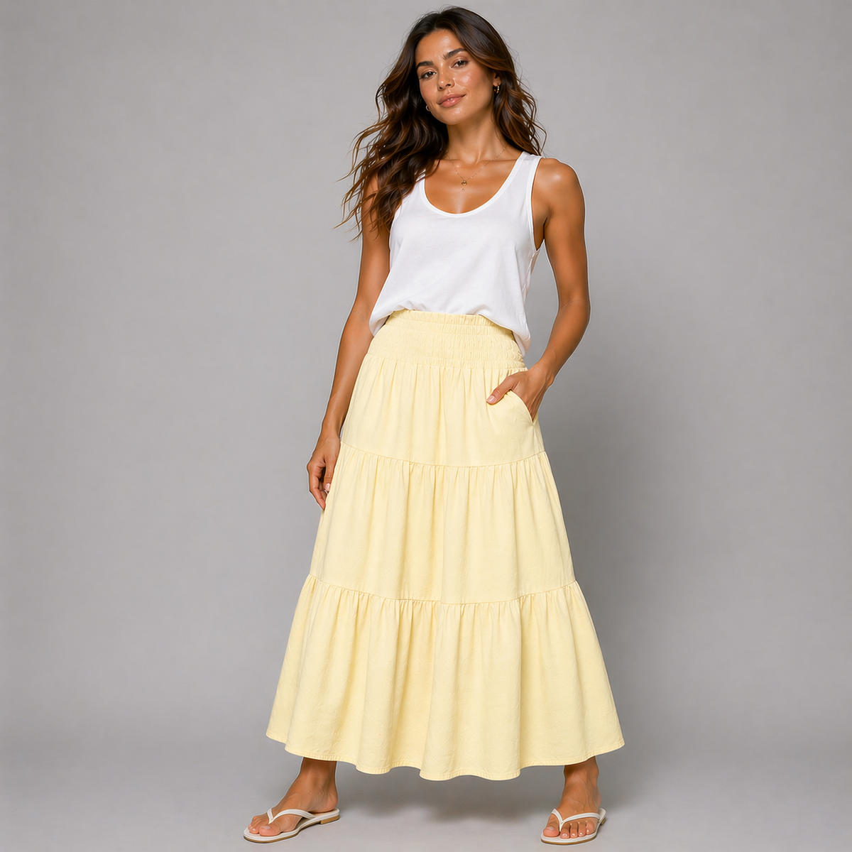 Smocked Elastic Waist layered Maxi Skirt