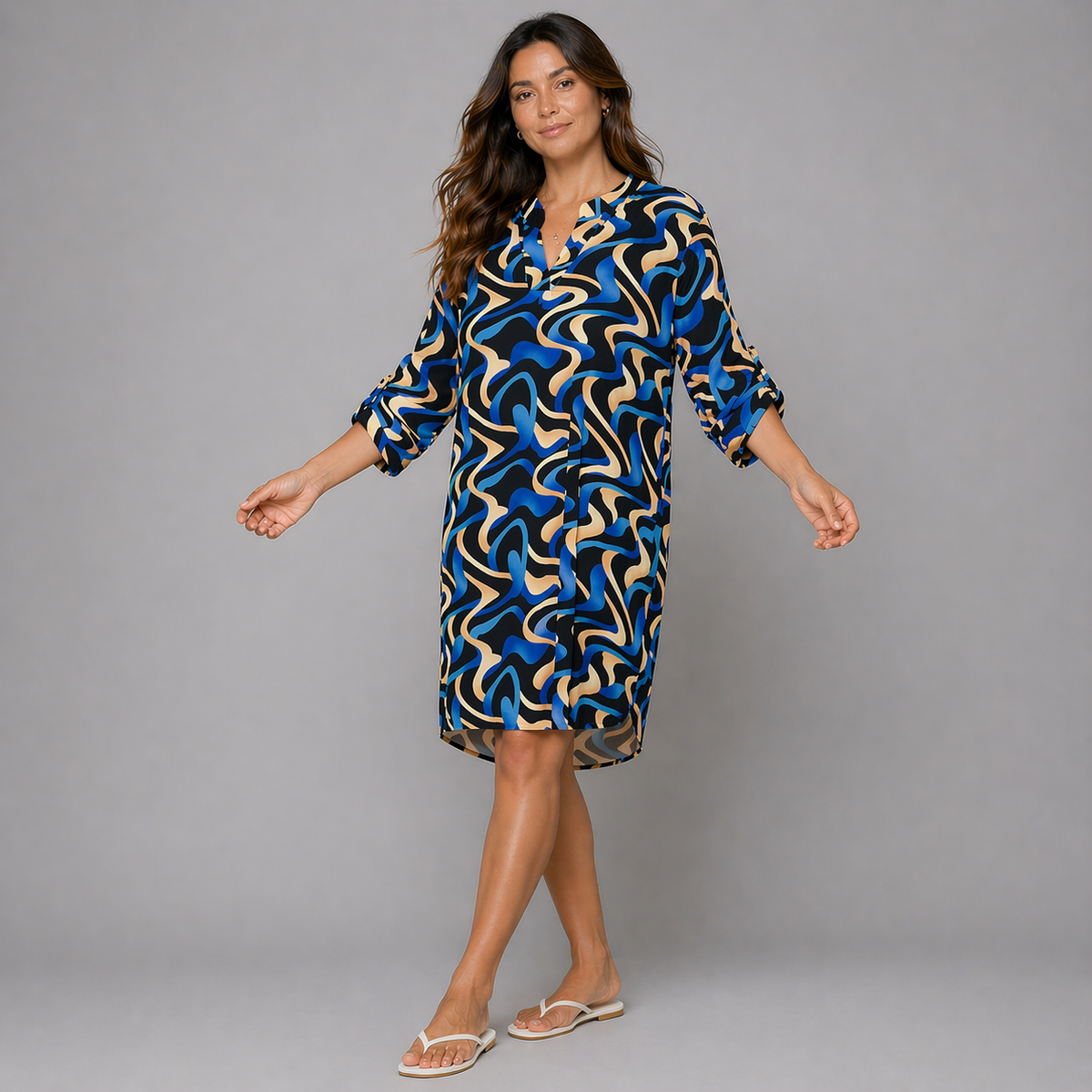 Abstract V‑Neck Long Dipped Hem Dress / Long Top with Button Sleeves