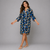 Abstract V‑Neck Long Dipped Hem Dress / Long Top with Button Sleeves