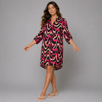 Abstract V‑Neck Long Dipped Hem Dress / Long Top with Button Sleeves