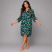 Abstract V‑Neck Long Dipped Hem Dress / Long Top with Button Sleeves