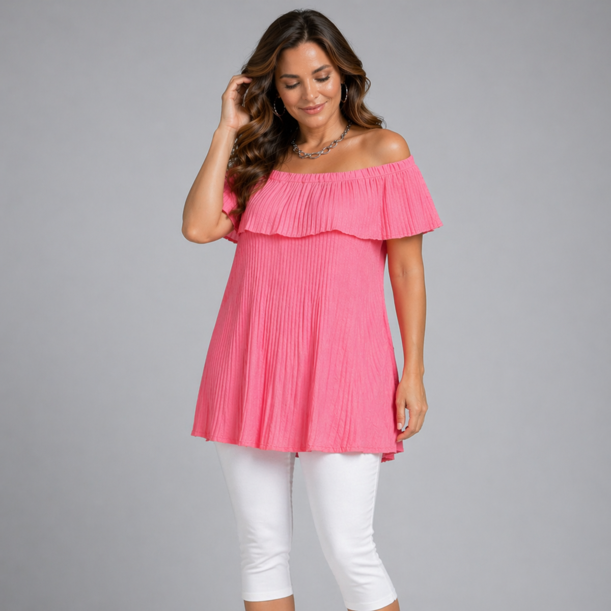 Crinkled Pleated Long Off Shoulder Top