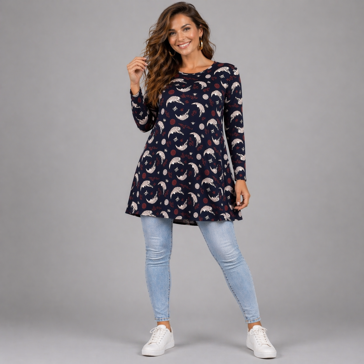 Navy Blue Oriental Birds 3/4 Sleeve Swing Top