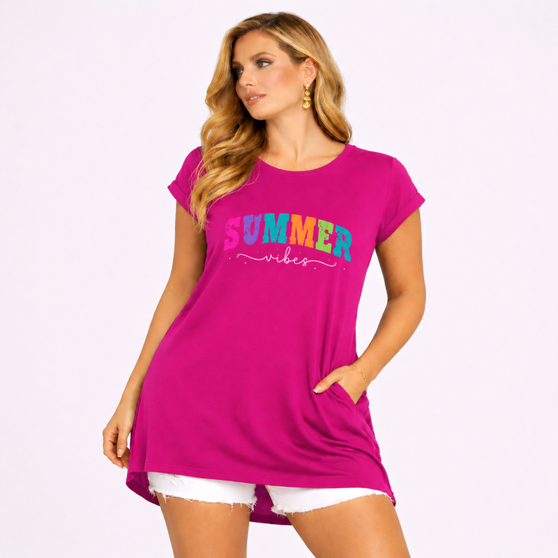 Summer Dipped-Hem T-Shirt with Side Pockets
