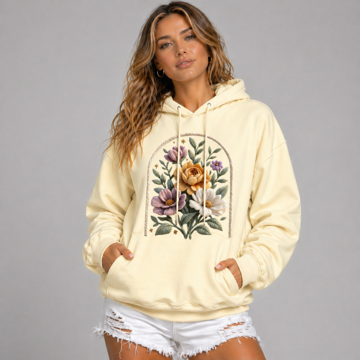 Premium Oversized Cotton Knitted Flower Print Hoodie