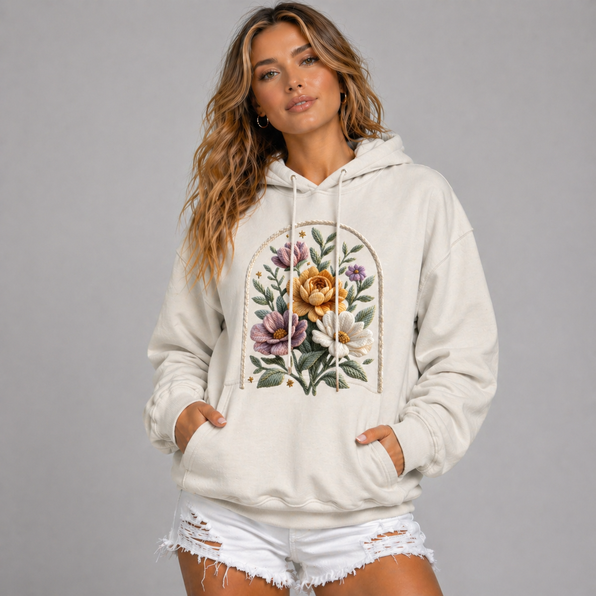 Premium Oversized Cotton Knitted Flower Print Hoodie