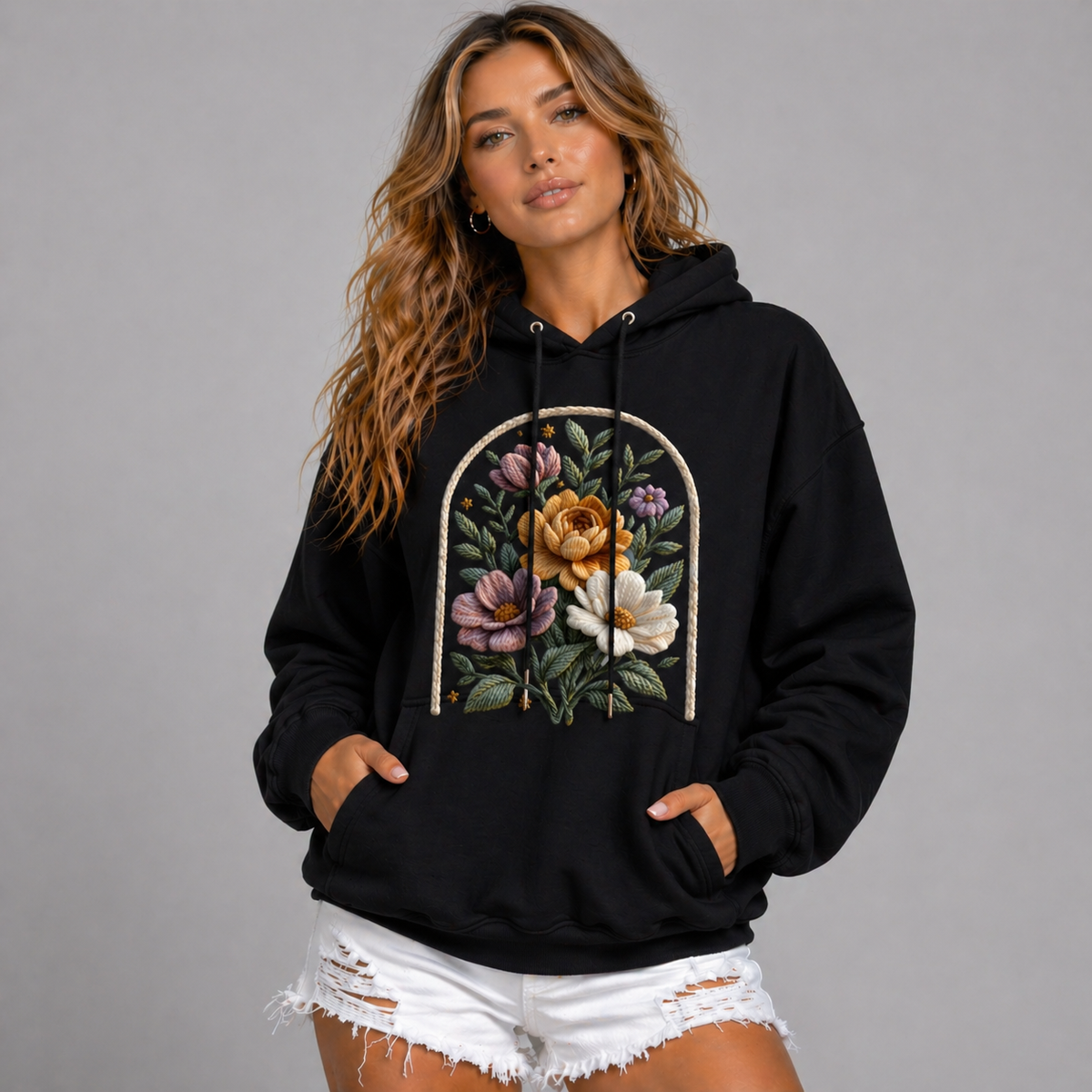 Premium Oversized Cotton Knitted Flower Print Hoodie