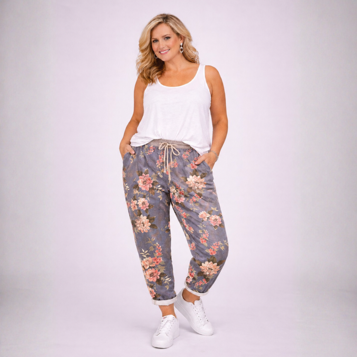 Blue Floral Print Joggers with Pockets