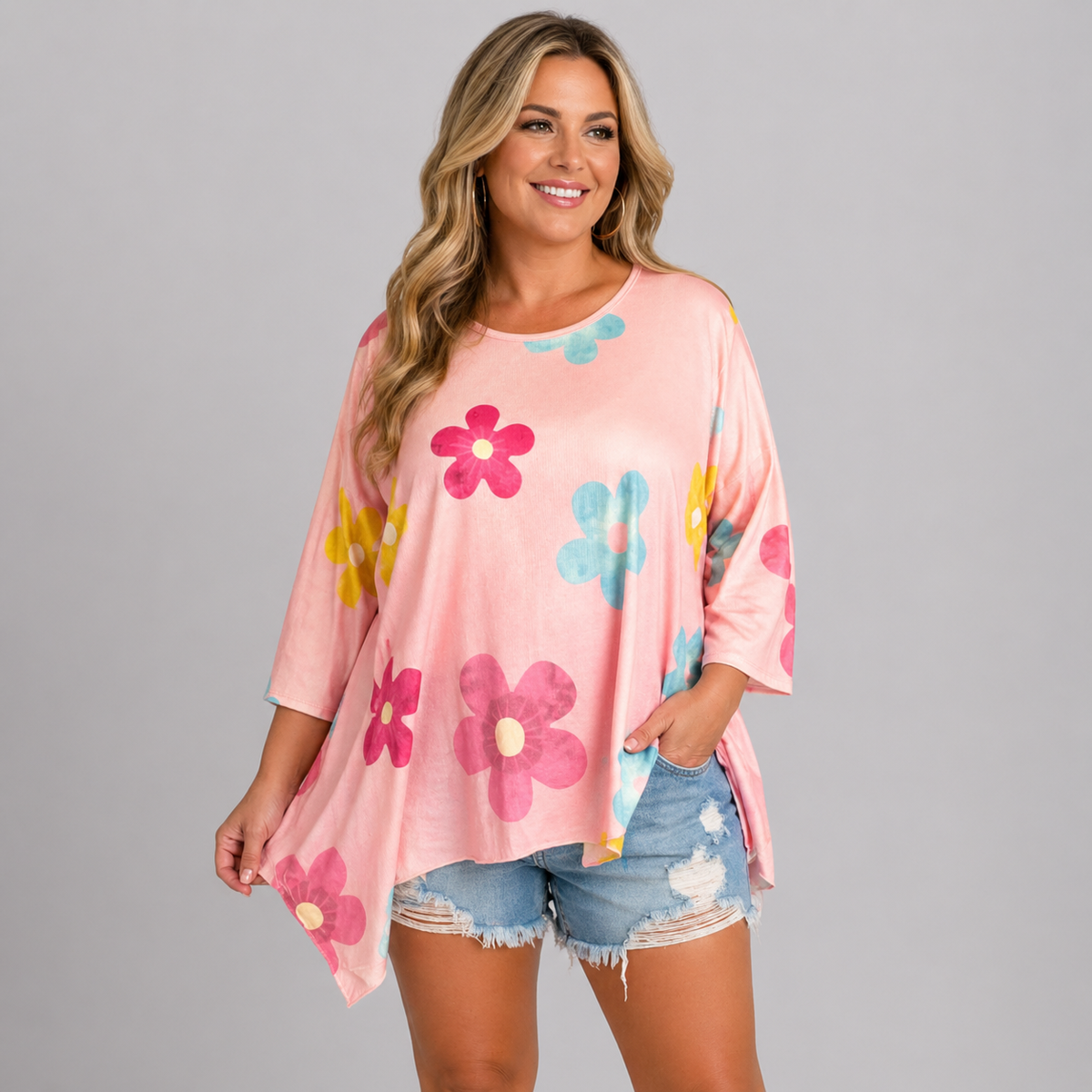 Ribbed Large Flower Hanky Hem Long Sleeve Top