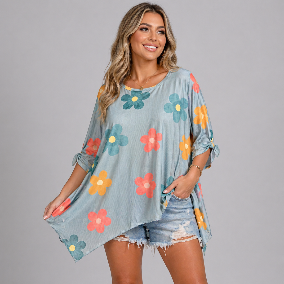 Ribbed Large Flower Hanky Hem Long Sleeve Top