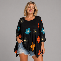 Ribbed Large Flower Hanky Hem Long Sleeve Top