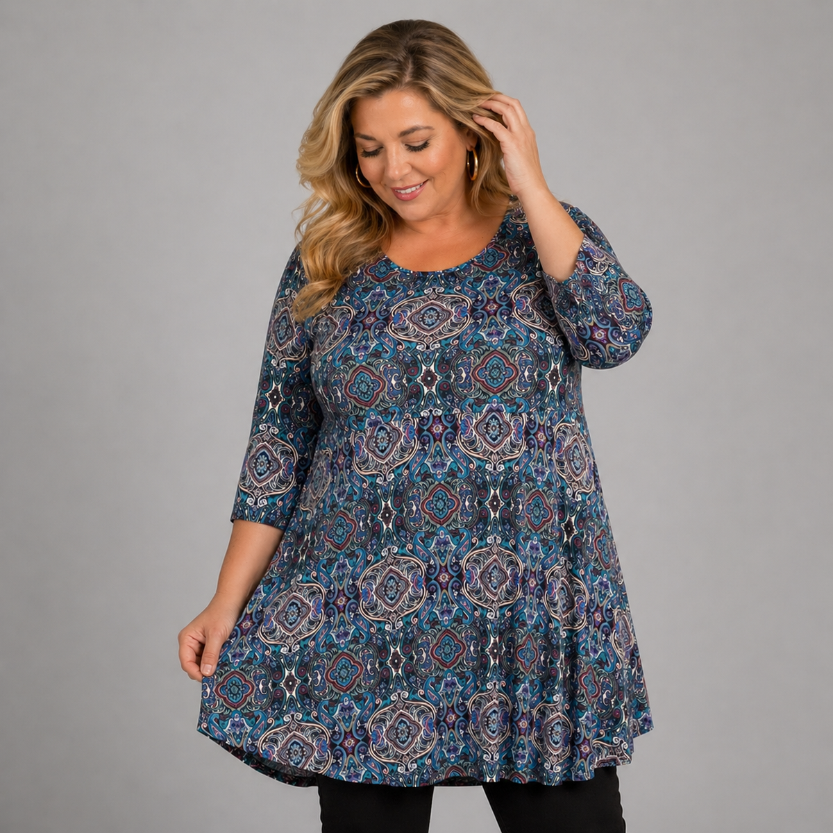 Blue Tile Effect 1/2 Sleeve Swing Top with Back Tie Belt
