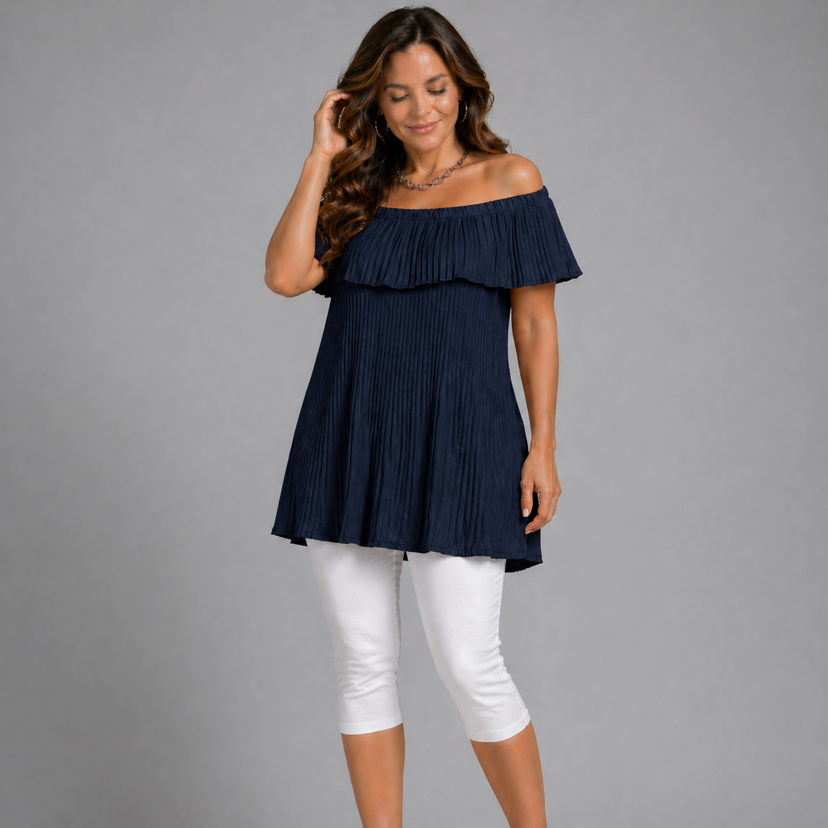 Crinkled Pleated Long Off Shoulder Top