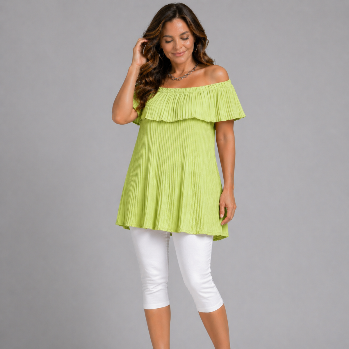Crinkled Pleated Long Off Shoulder Top