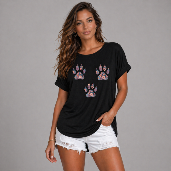 3 Floral Paw Print Dipped Hem T-Shirt