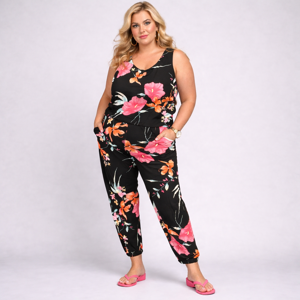 Black Tropical Sleeveless Jumpsuit with Pockets
