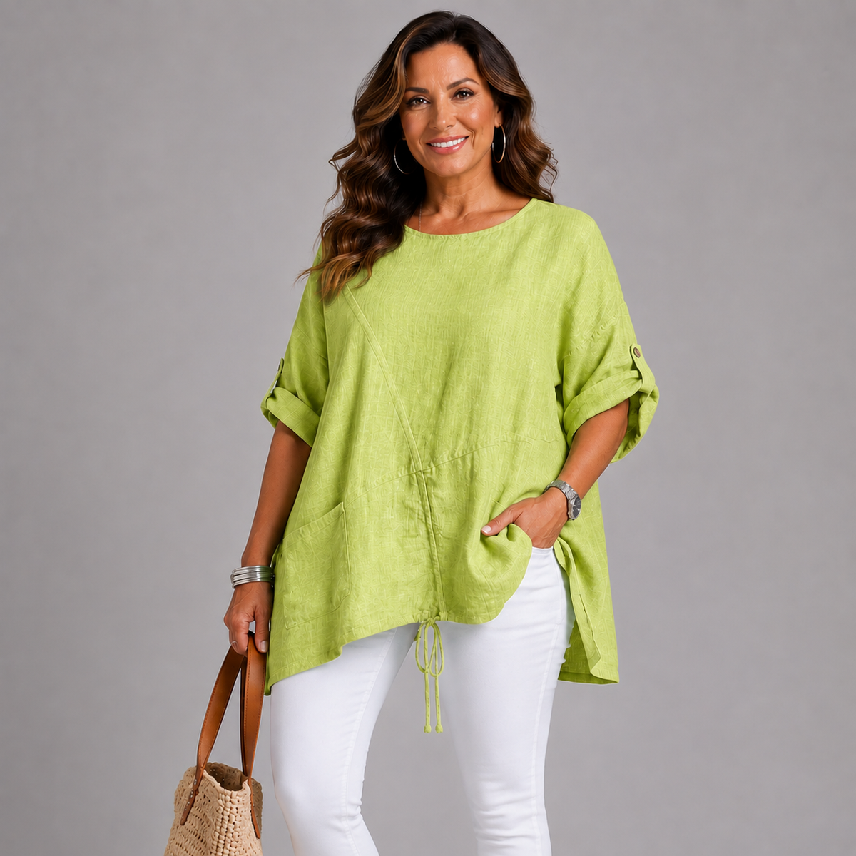 Linen Mix Drawstring & Pocket Blouse / Top