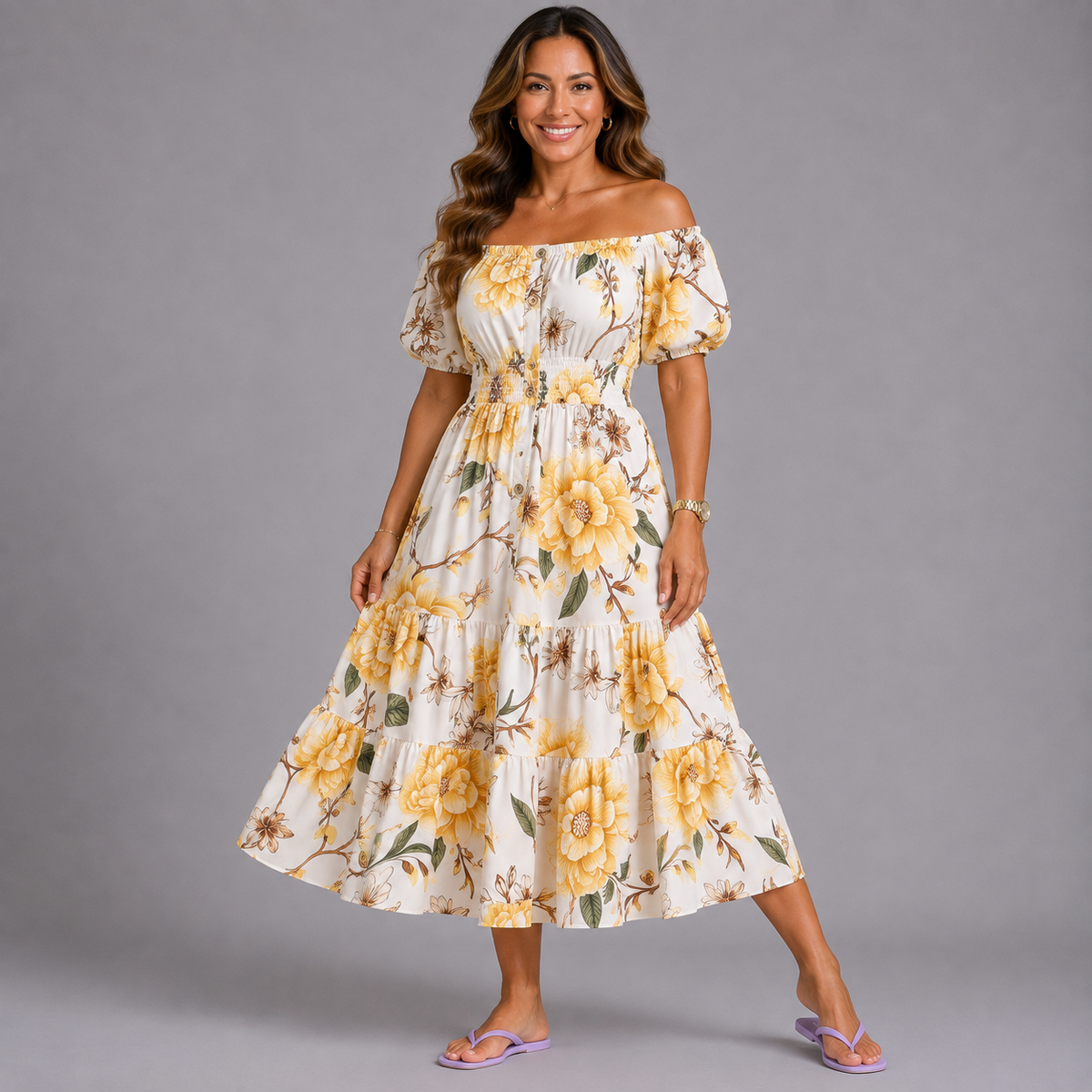 Large Flower Print Bardot Gypsy Midi Dress