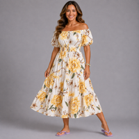 Large Flower Print Bardot Gypsy Midi Dress