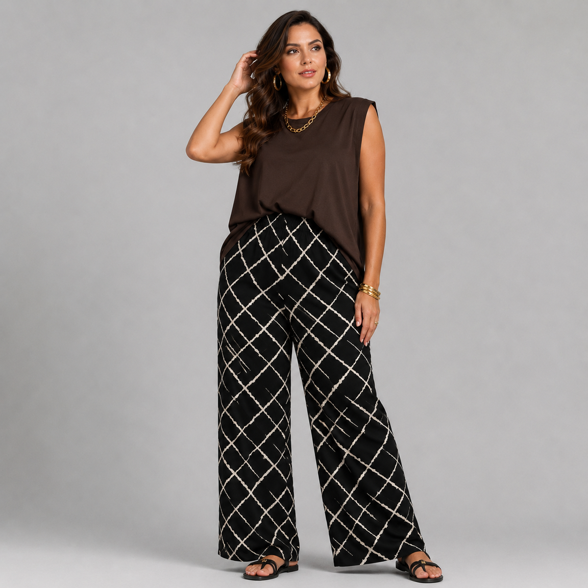 Black White Abstract Elasticated Waist Palazzo Trousers