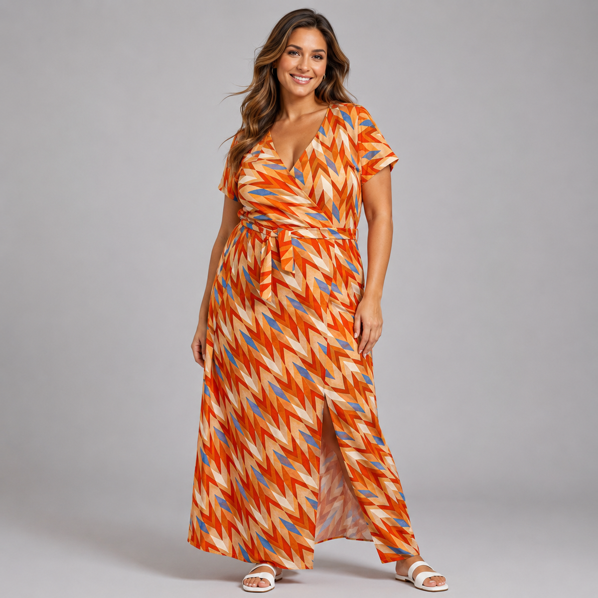 Orange & Blue V Neck Maxi Dress with Belt