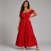 Off Shoulder Elastic Waist Gypsy Style Maxi Dress