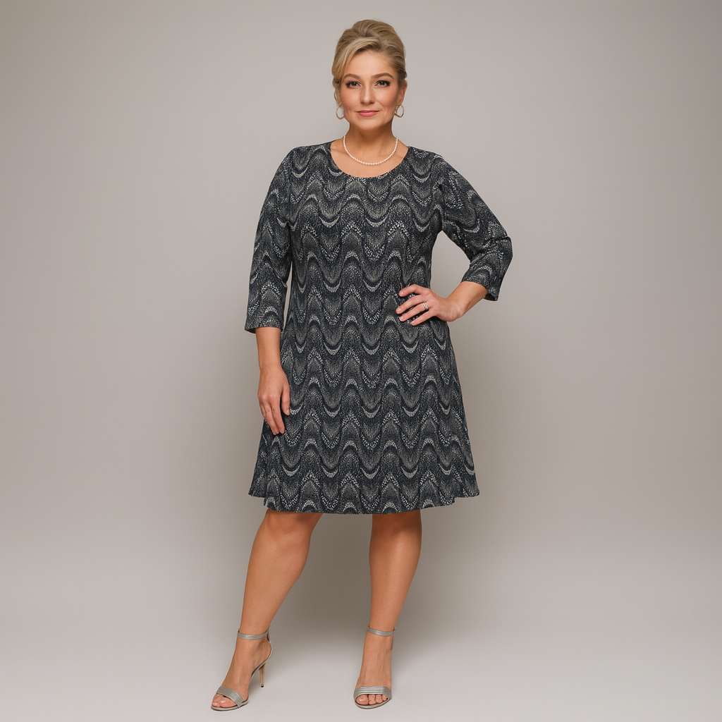 Navy Sparkly Swirl Pattern Long Sleeve Party Swing Dress