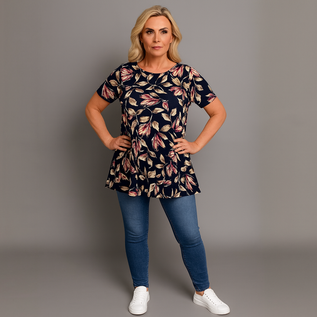 Navy Blue Leaf Print Short Sleeve Swing Top