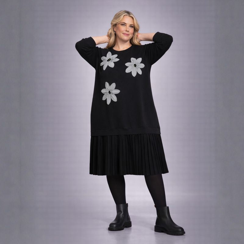 Black Dress with Applique and Pleated Skirt