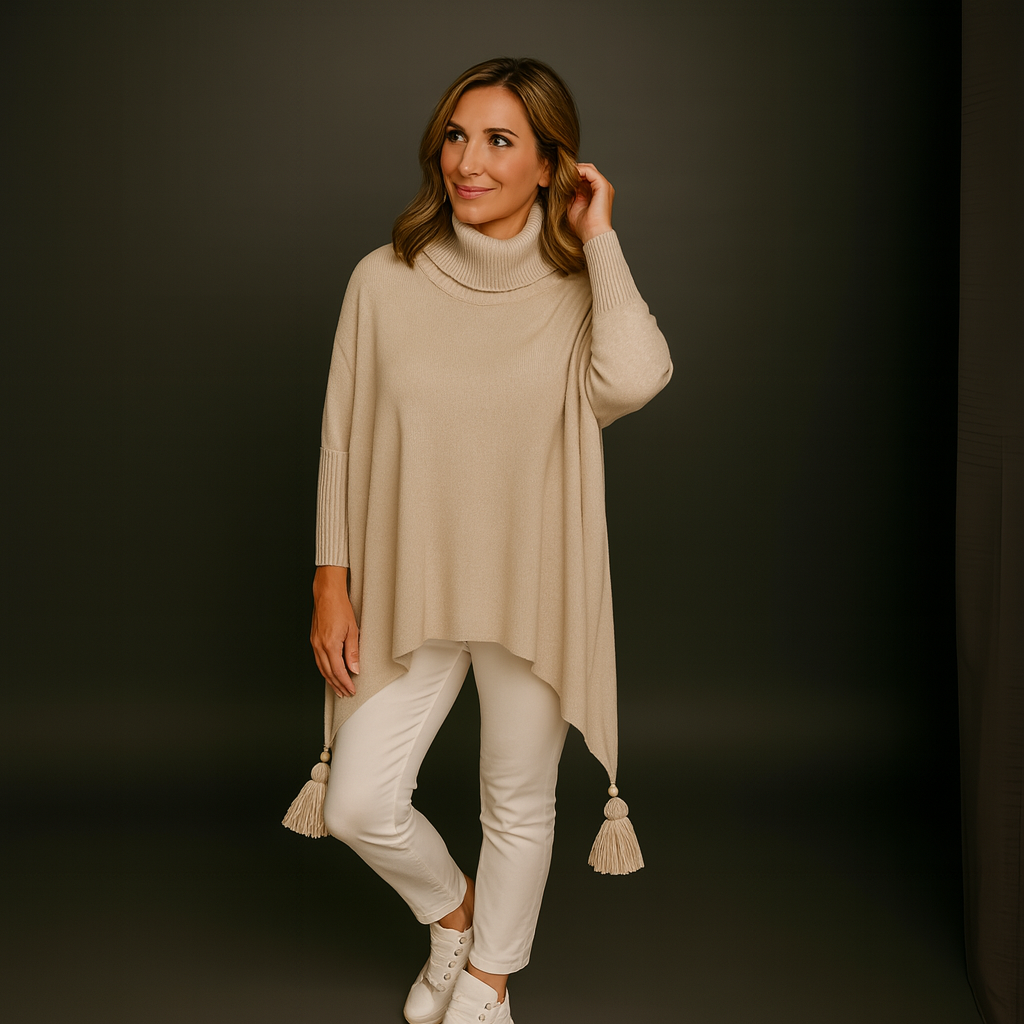 Polo Neck Oversized Jumper with Tassle Detail